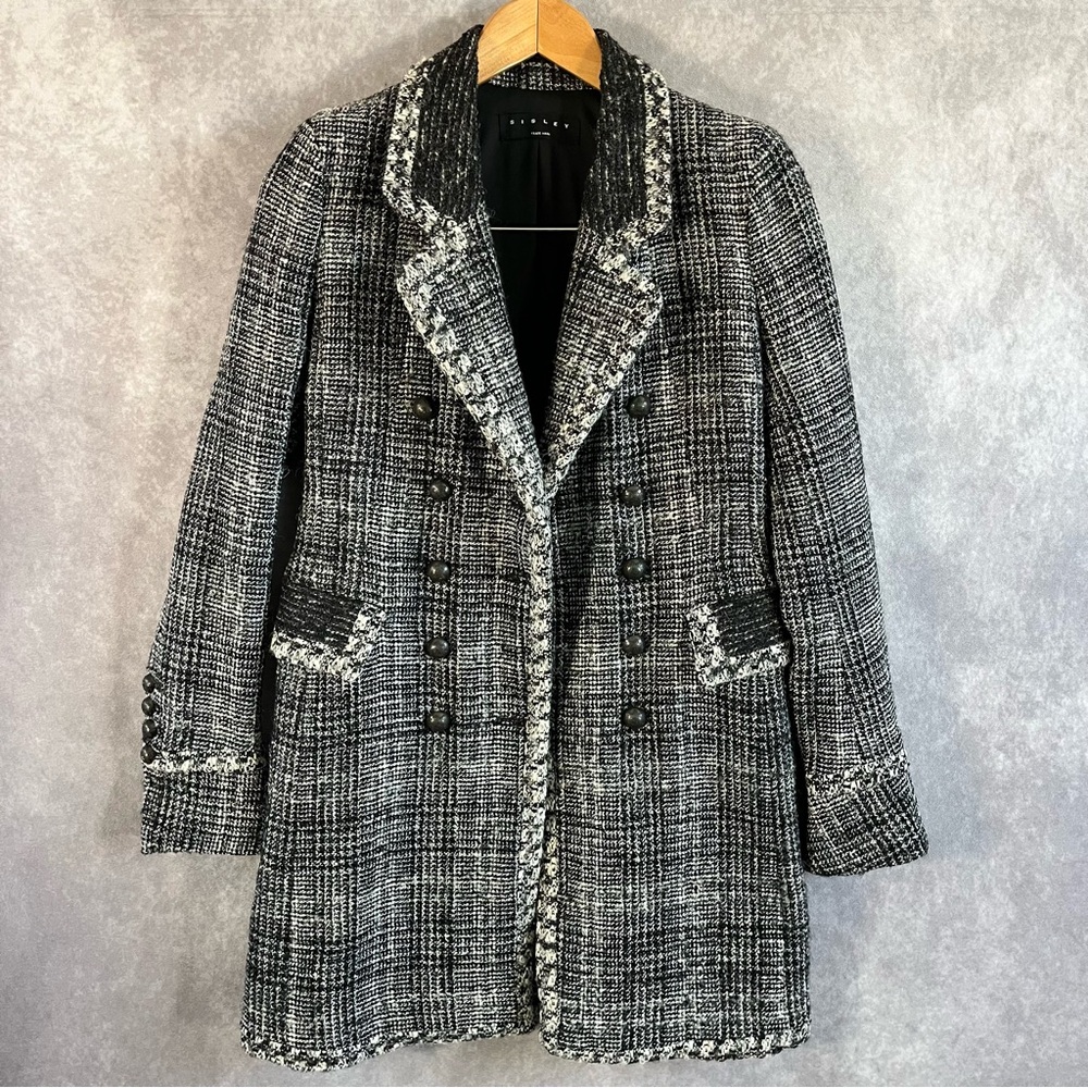 Sisley Jacket Women US 11 / EU 42 Black White Tweed Plaid Button Open Front Coat